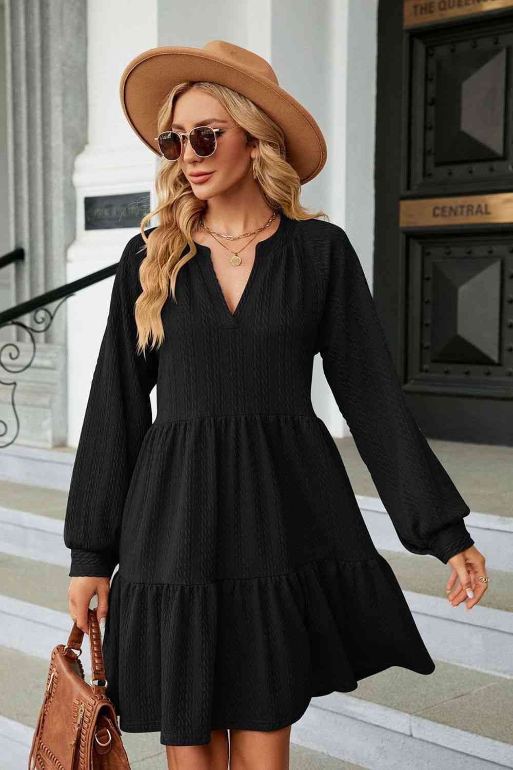 Notched Neck Long Sleeve Mini Dress Bazaarbey