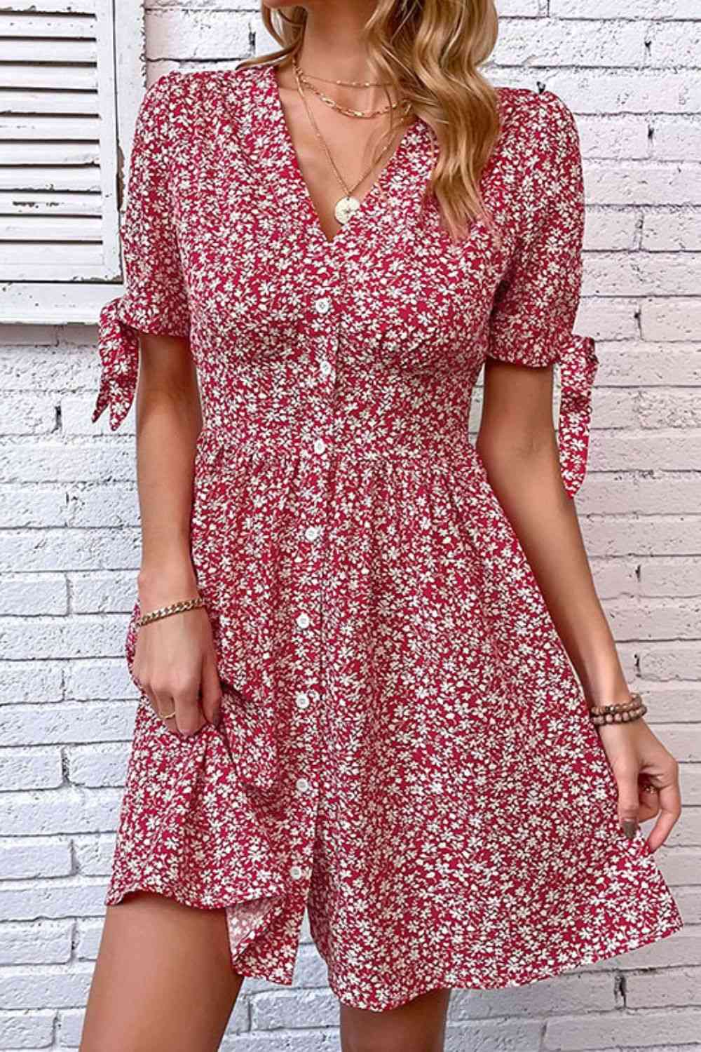  Floral Tied Puff Sleeve Button Front Dress -BazaarBey - www.shopbazaarbey.com