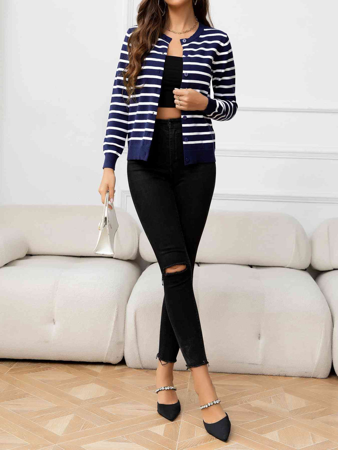 Striped Round Neck Long Sleeve Buttoned Knit Top Trendsi