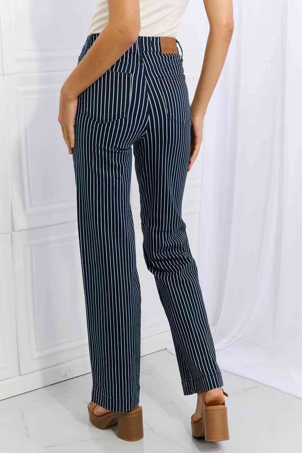    High Waisted Tummy Control Striped Straight Jeans Trendsi