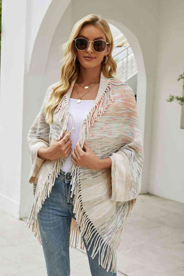 Multicolored Fringe Trim Poncho Bazaarbey