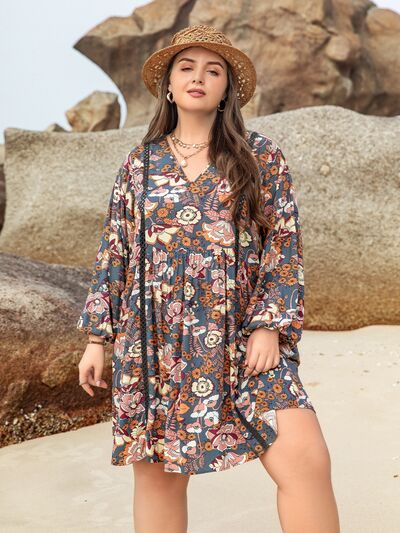 Plus Size Printed V-Neck Balloon Sleeve Mini Dress Bazaarbey