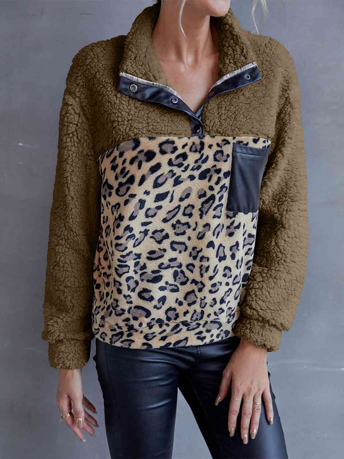  Quarter-Snap Teddy Sweatshirt Trendsi