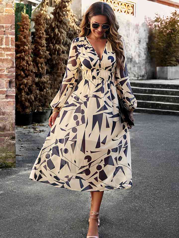 Printed V-Neck Long Sleeve Midi Dress -BazaarBey - www.shopbazaarbey.com