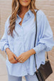 Striped Lantern Sleeve Collared Shirt Trendsi