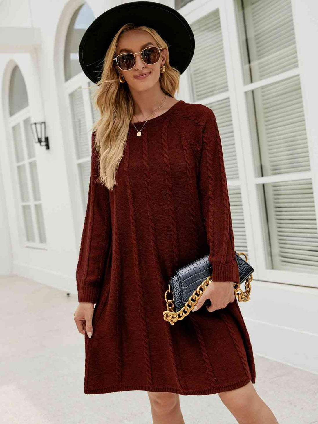 Cable-Knit Long Sleeve Sweater Dress Bazaarbey