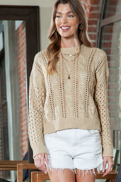   Cable-Knit Round Neck Knit Top Bazaarbey