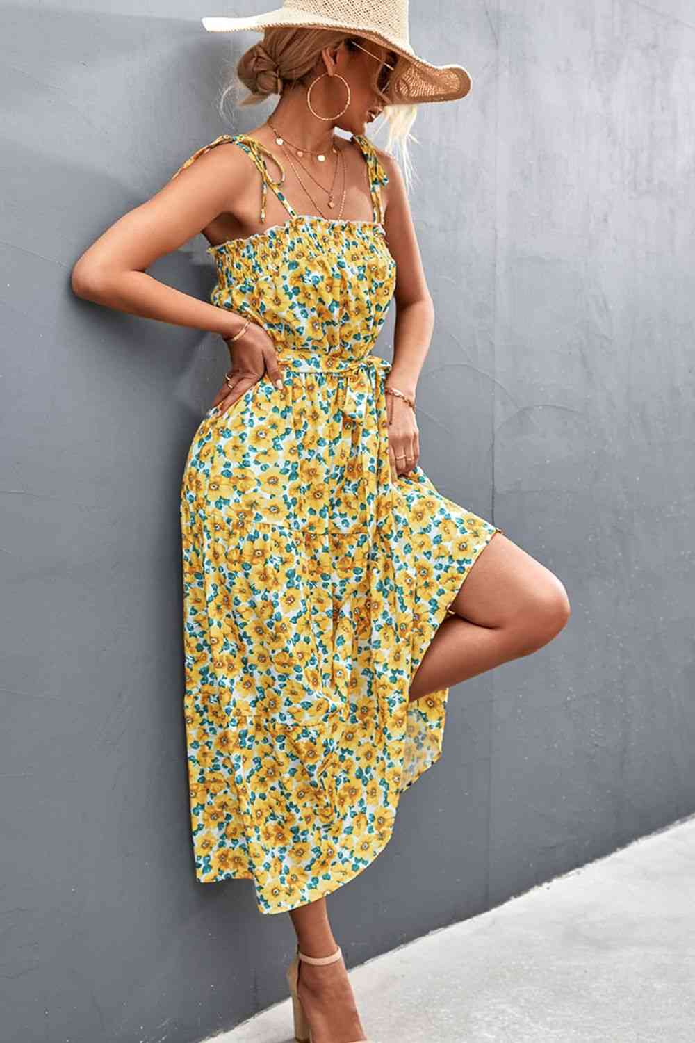 Floral Tie-Shoulder Belted Dress -BazaarBey - www.shopbazaarbey.com