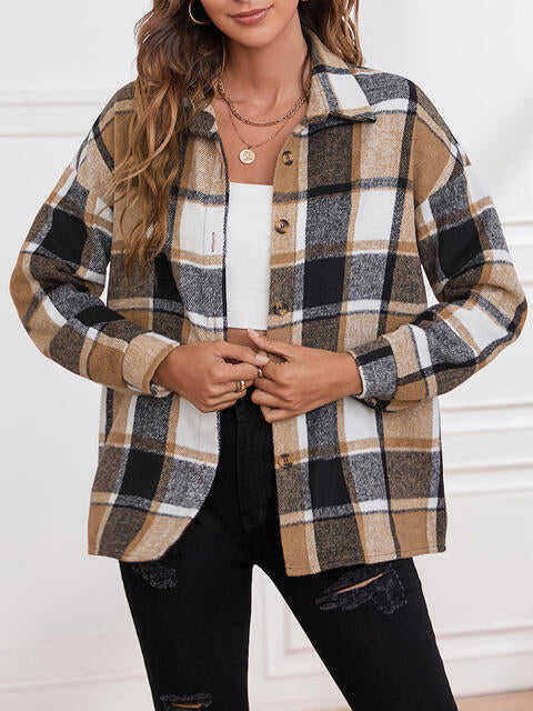 Plaid Collared Neck Button Down Jacket Bazaarbey