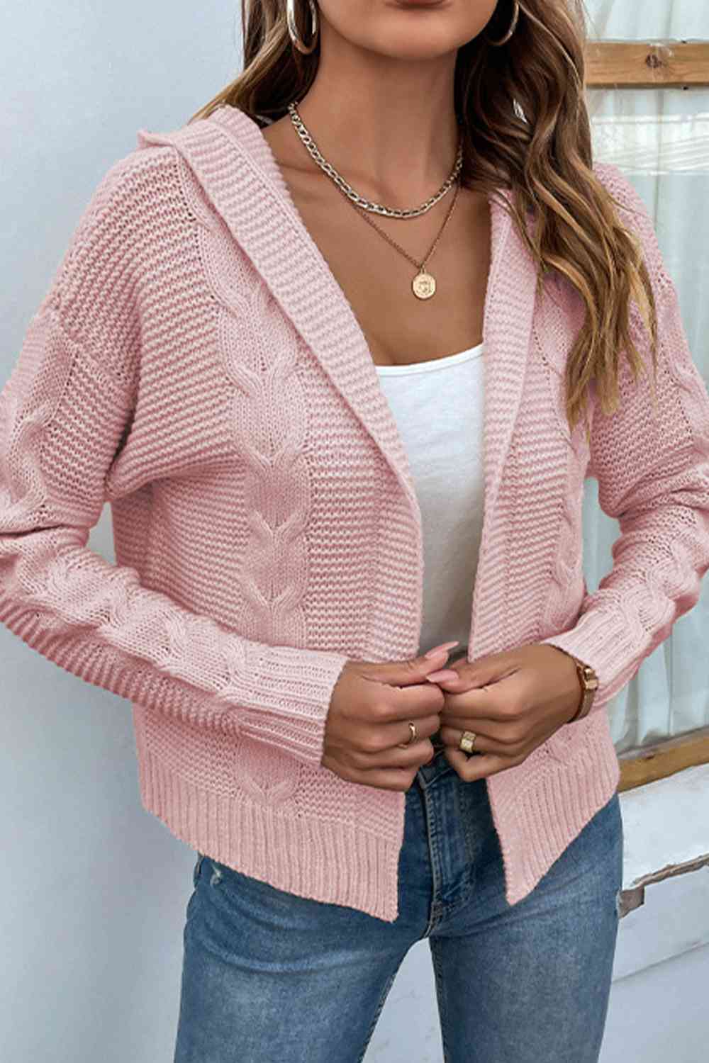 Cable-Knit Dropped Shoulder Hooded Cardigan Bazaarbey