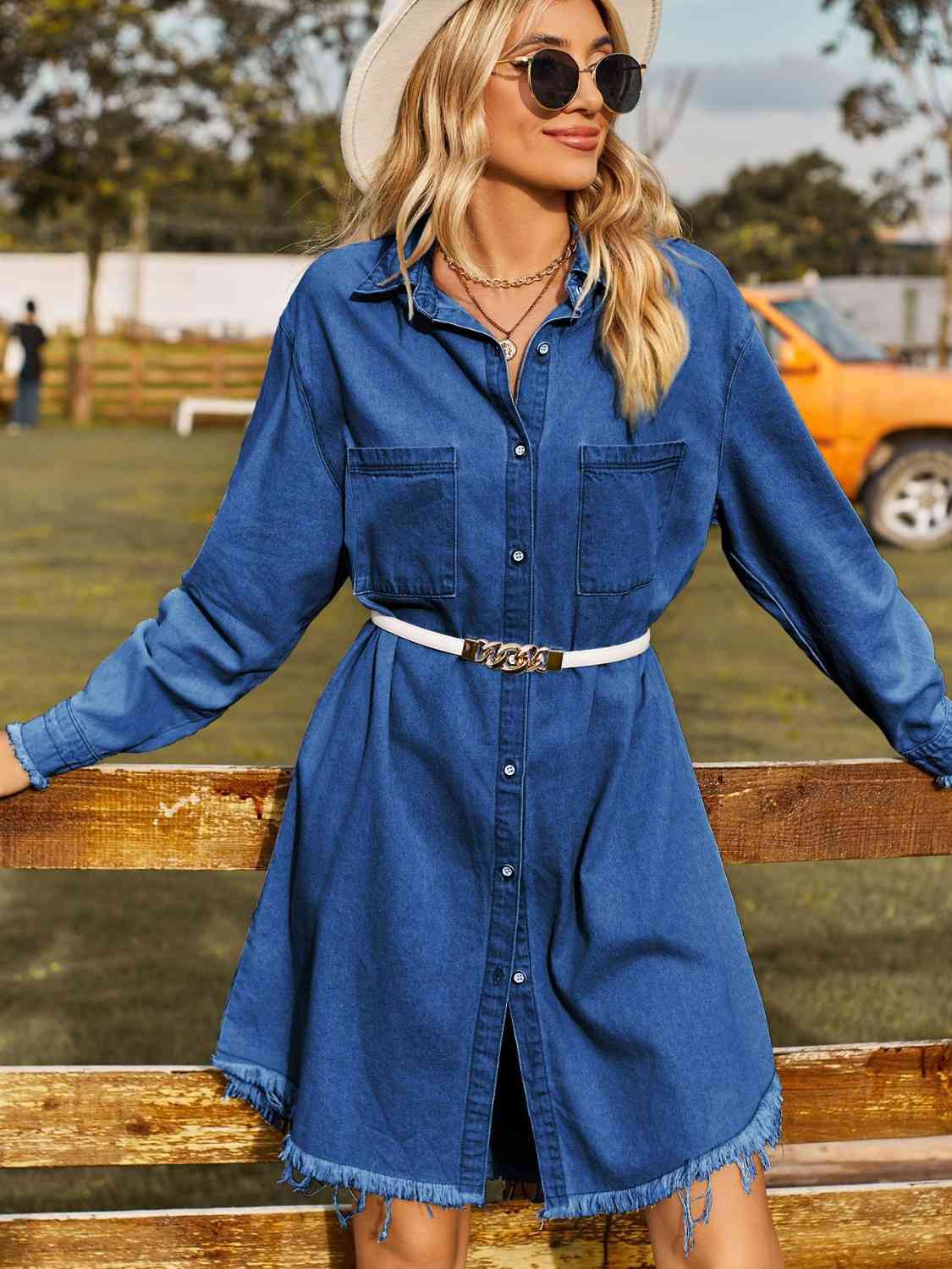 Button Up Collared Neck Raw Hem Denim Dress Trendsi