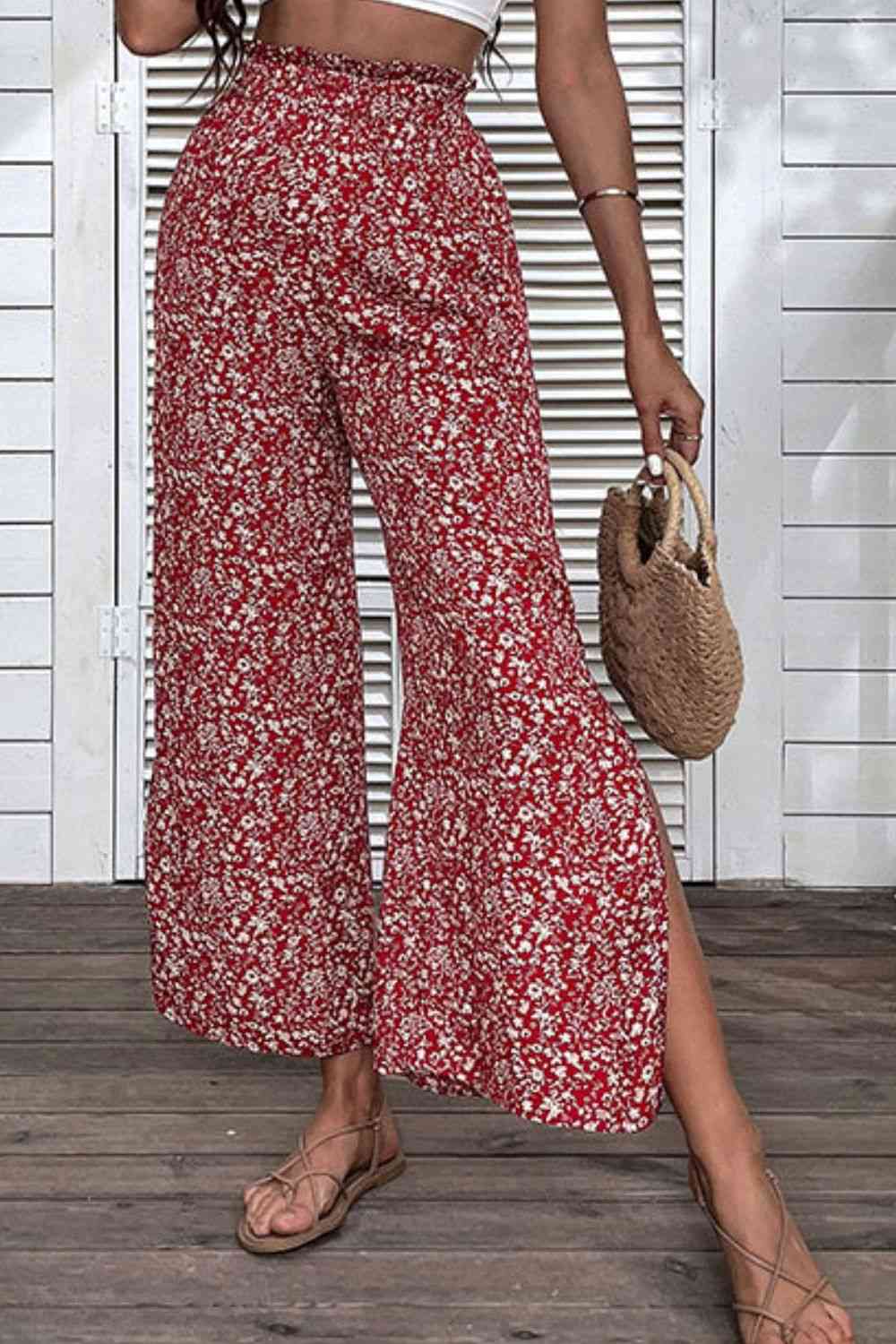 Ditsy Floral Slit  Waist Wide Leg Pants Bazaarbey