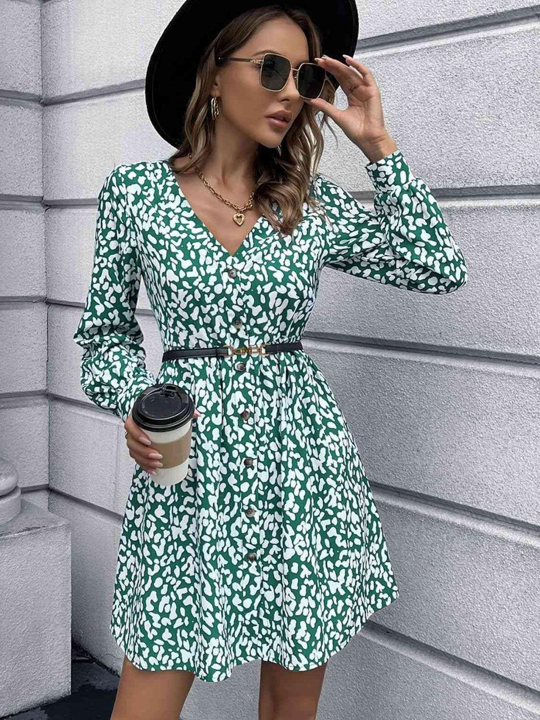 Animal Print Buttoned V-Neck Long Sleeve Dress -BazaarBey - www.shopbazaarbey.com