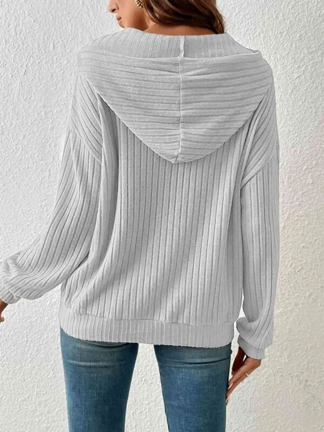 Ribbed Dropped Shoulder Drawstring Hoodie Bazaarbey