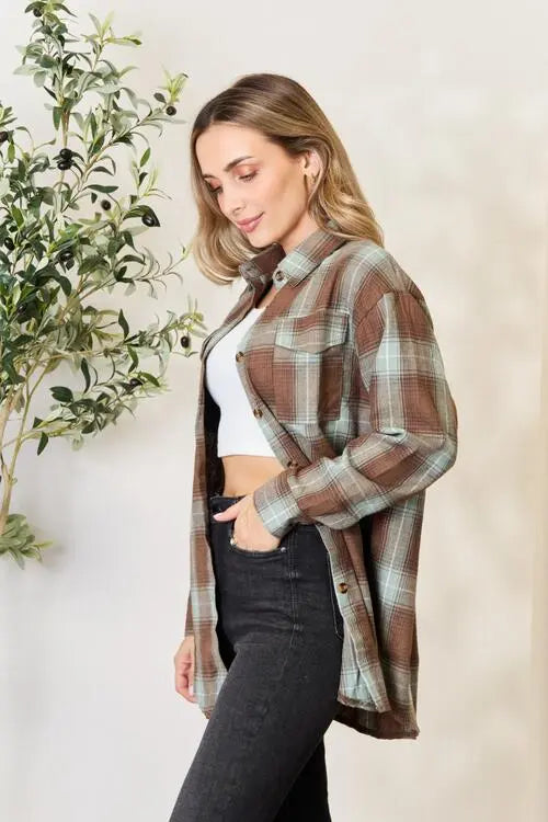  Plaid Dropped Shoulder Shirt Trendsi