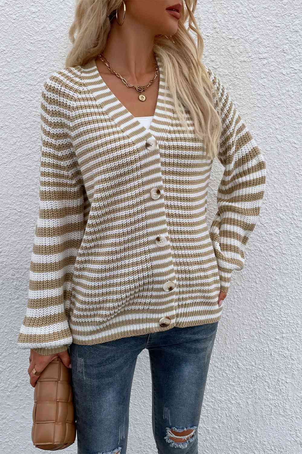 Striped V-Neck Button-Down Cardigan Trendsi