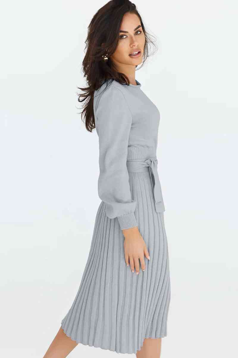 Round Neck Long Sleeve Pleated Sweater Dress Bazaarbey