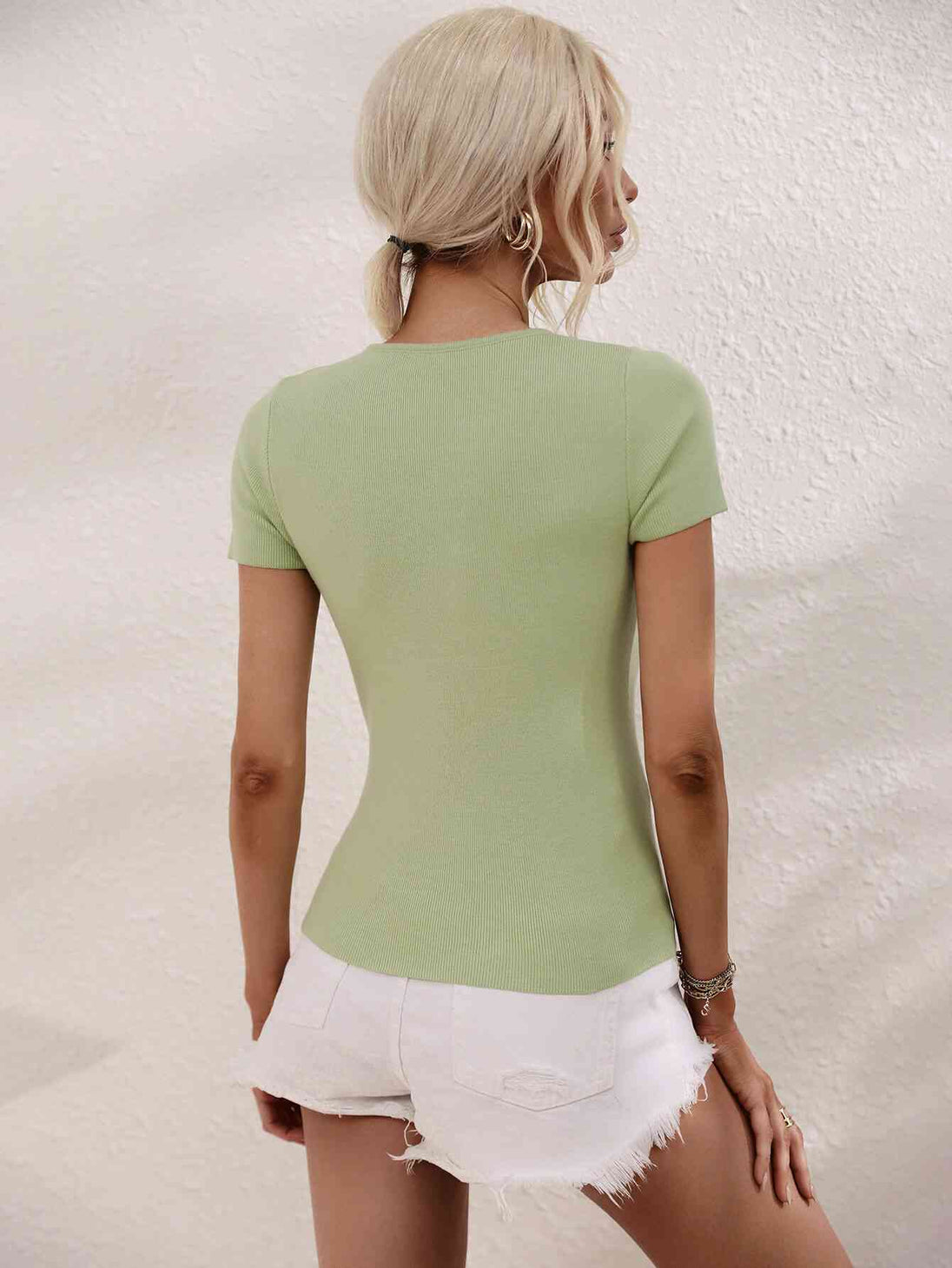 Cutout Round Neck Short Sleeve Knit Top Trendsi