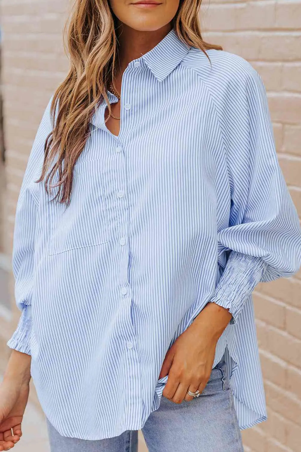 Striped Lantern Sleeve Collared Shirt Trendsi