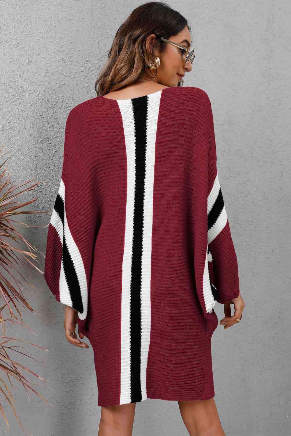 Ribbed Round Neck Long Sleeve Sweater Dress Bazaarbey