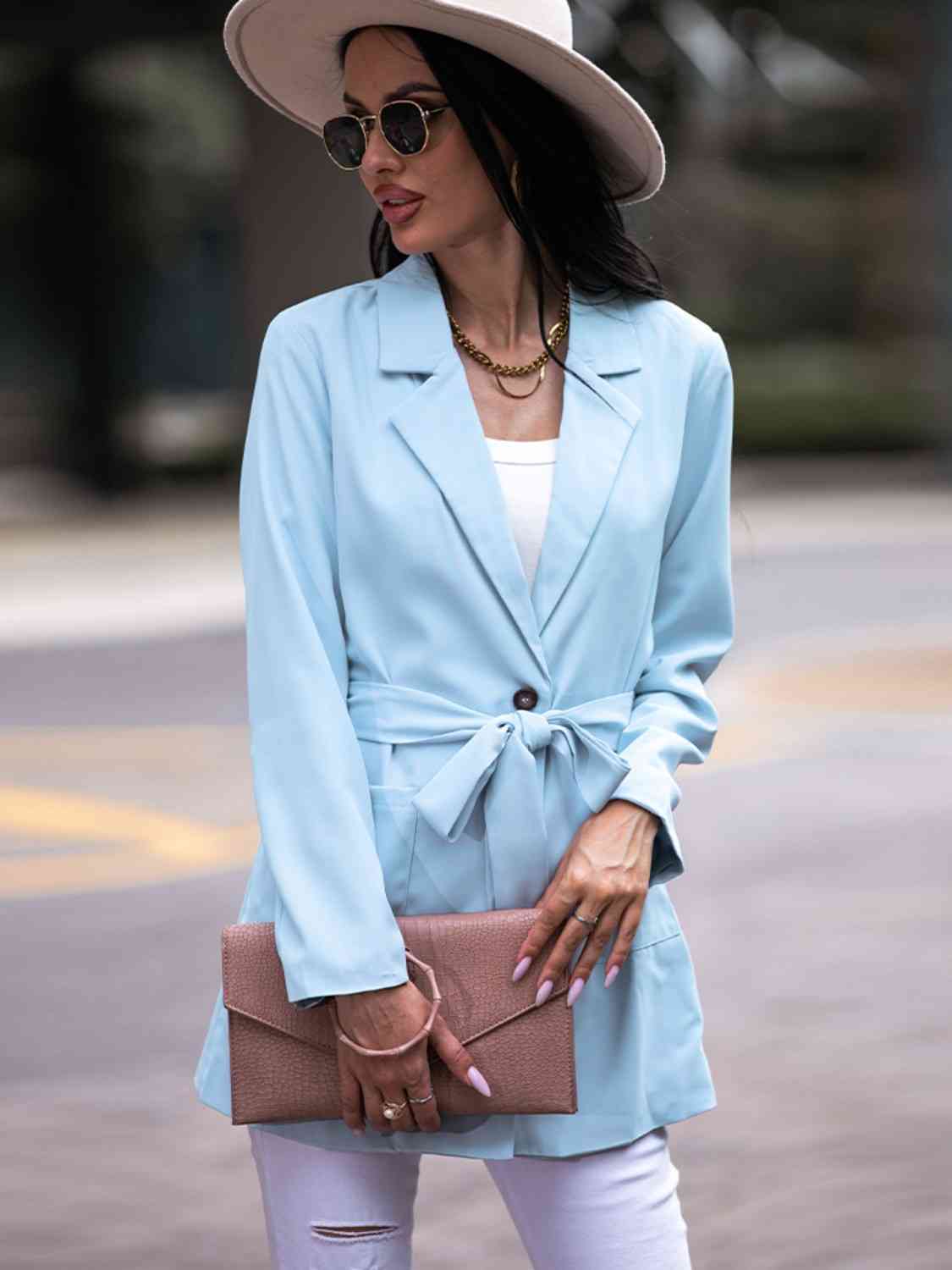 Tie Waist Long Sleeve Blazer Trendsi