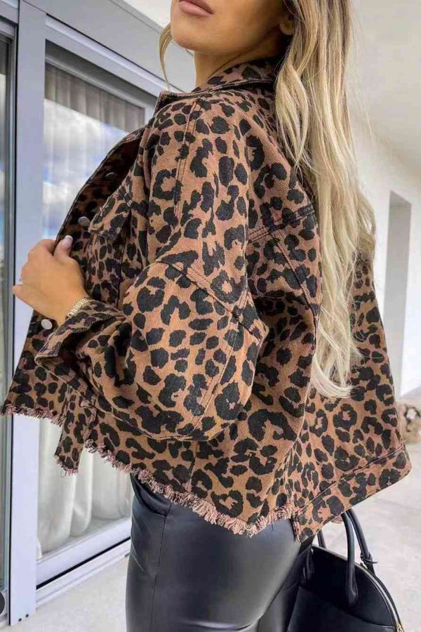 Leopard Raw Hem Denim Jacket Bazaarbey