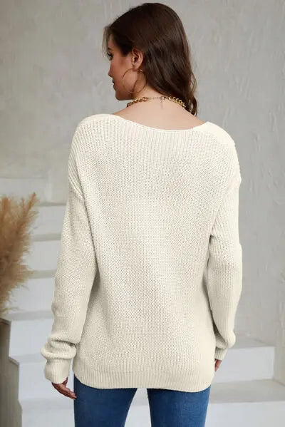 V-Neck Long Sleeve Knit Top Trendsi