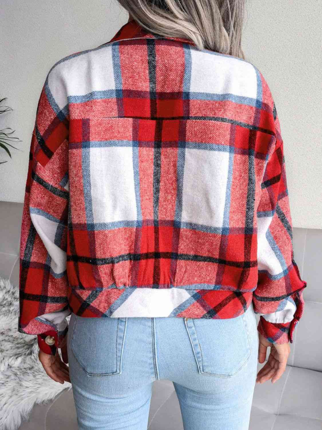 Plaid Collared Neck Drop Shoulder Jacket Trendsi