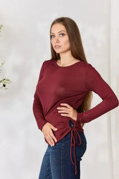  Full Size Drawstring Round Neck Long Sleeve Top Trendsi