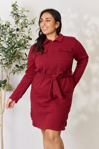   Tie Front Half Zip Long Sleeve Shirt Dress Trendsi