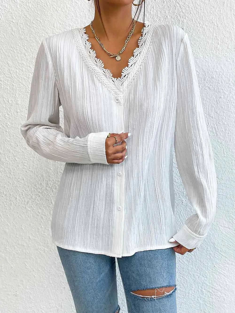 Lace Trim V-Neck Long Sleeve Shirt Bazaarbey