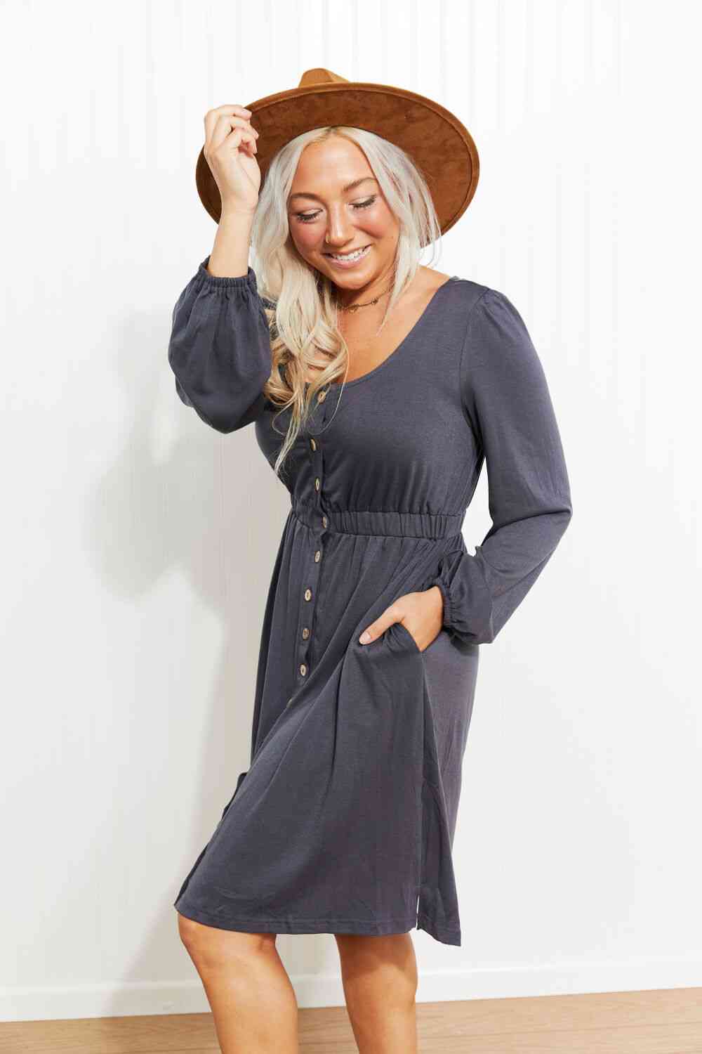 Scoop Neck Empire Waist Long Sleeve Mini Dress -BazaarBey - www.shopbazaarbey.com