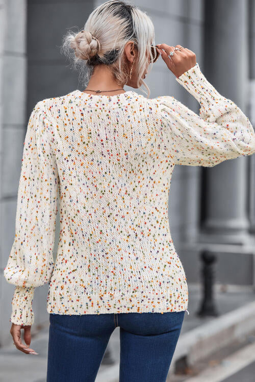 Heathered Round Neck Lantern Sleeve Sweater Bazaarbey