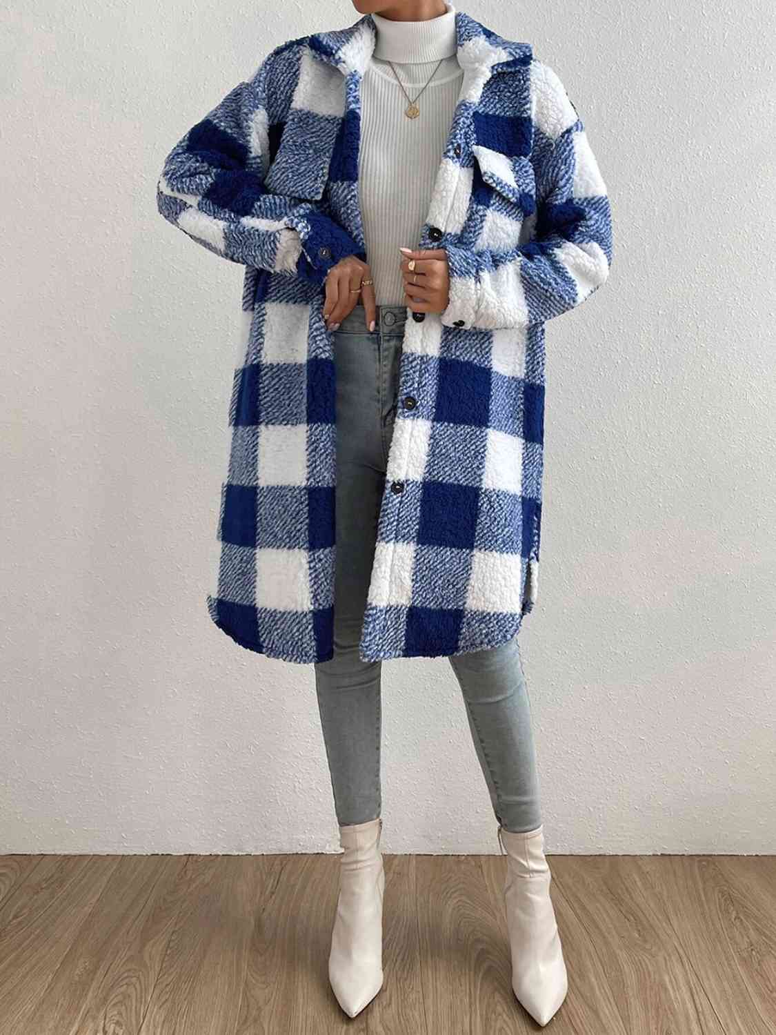 Plaid Collared Neck Button Down Coat Trendsi