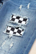  Checkered Patchwork Mid Waist Distressed Jeans Bazaarbey