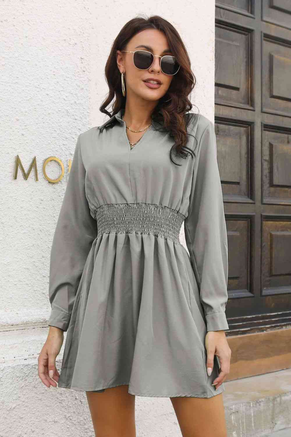  Smocked Waist Long Sleeve Mini Dress -BazaarBey - www.shopbazaarbey.com