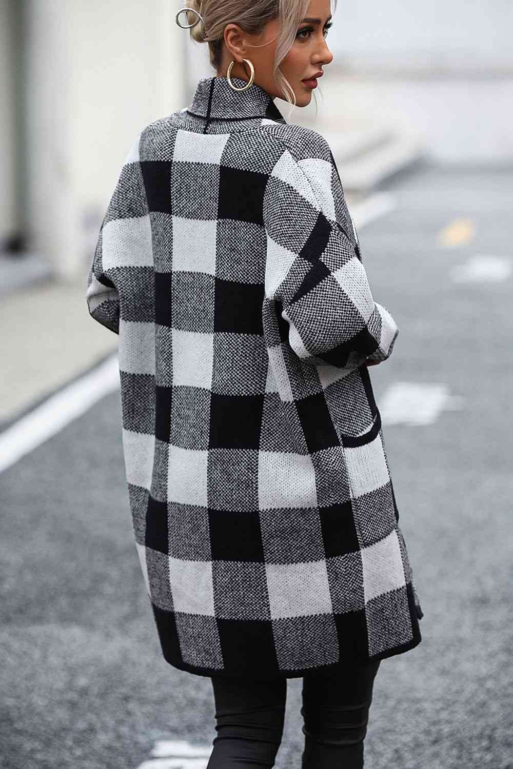 Plaid Dropped Shoulder Cardigan with Pocket Bazaarbey