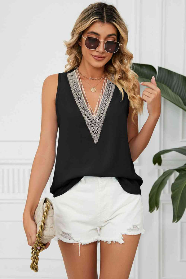 Contrast Trim Plunge Sleeveless Blouse Bazaarbey