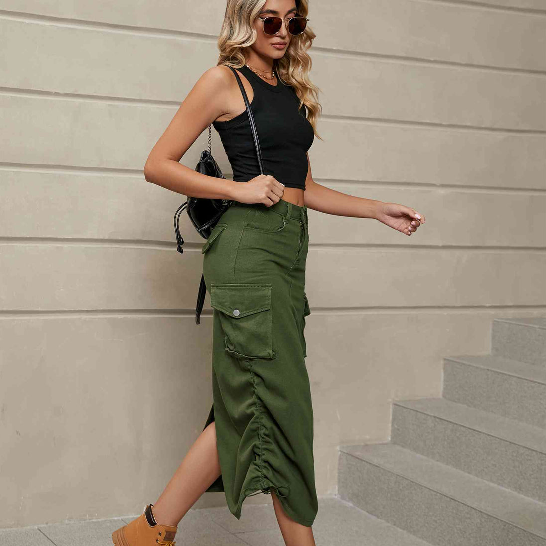 Drawstring Ruched Slit Denim Midi Skirt Bazaarbey