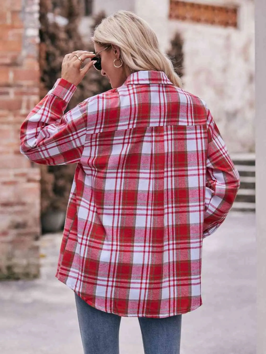 Plaid Dropped Shoulder Longline Shirt Trendsi