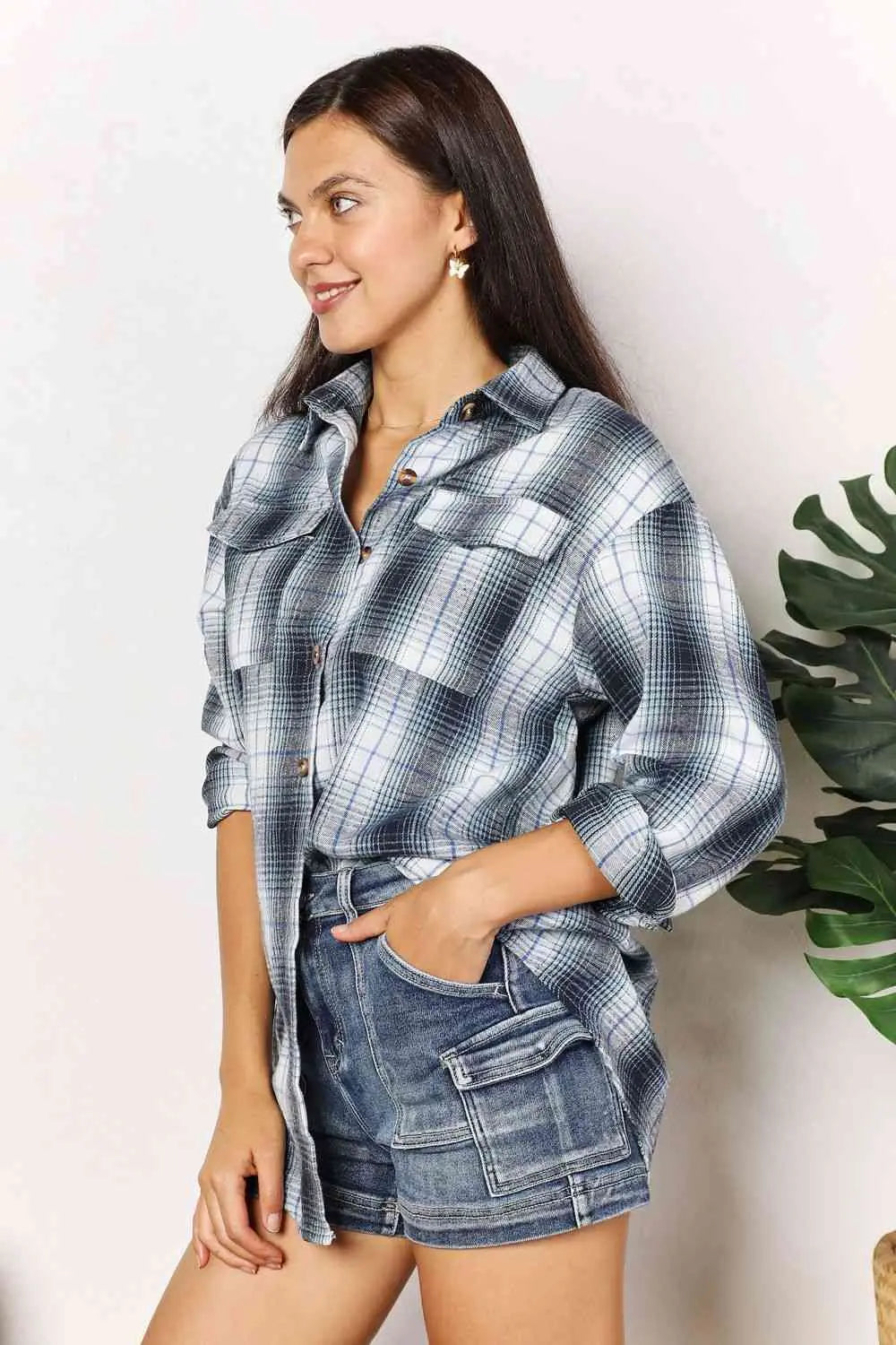  Plaid Dropped Shoulder Shirt Trendsi