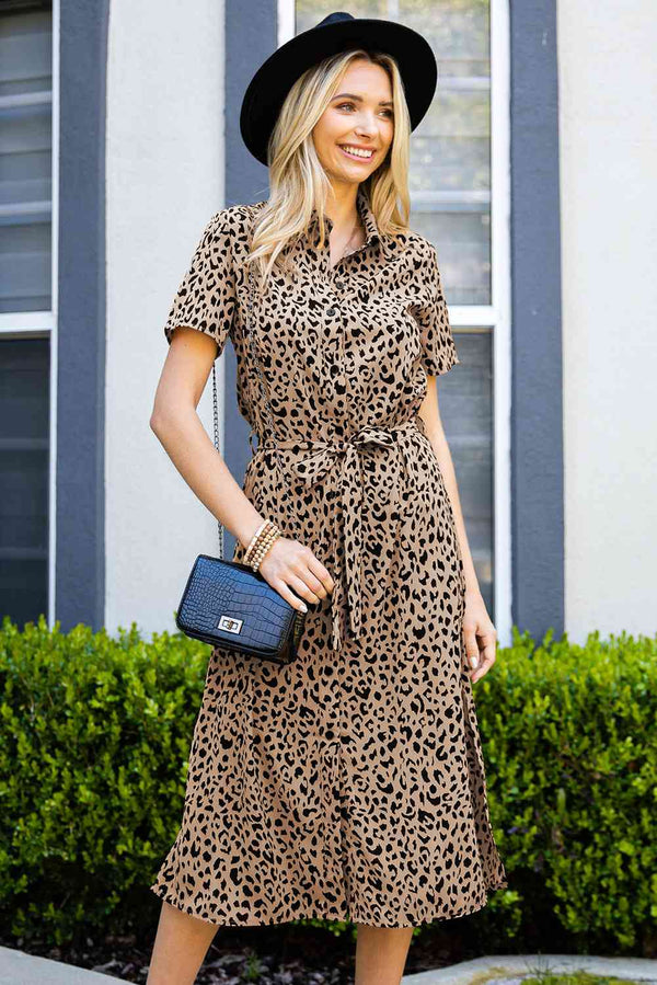 Animal Print Short Sleeve Belted Dress -BazaarBey - www.shopbazaarbey.com