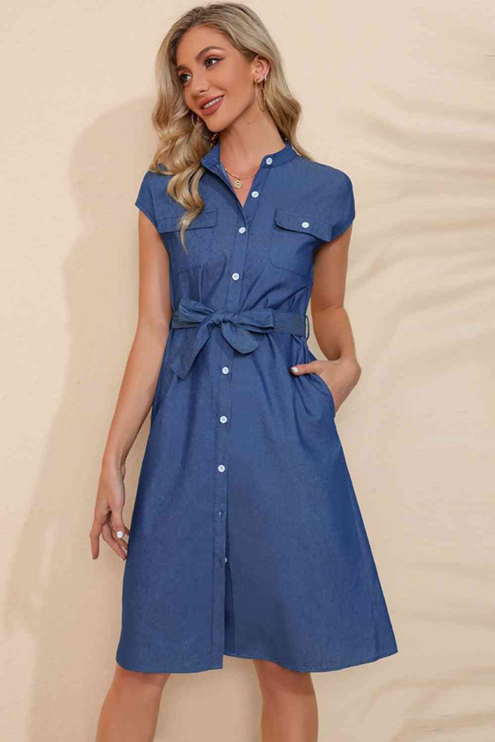 Button Down Belted Denim Dress -BazaarBey - www.shopbazaarbey.com