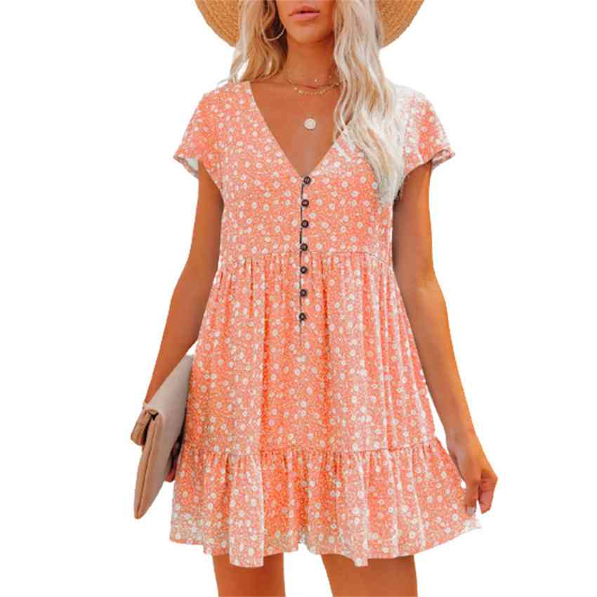 Printed V-Neck Buttoned Short Sleeve Mini Dress -BazaarBey - www.shopbazaarbey.com