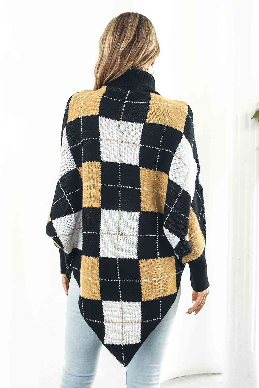 Plaid Turtleneck Dolman Sleeve Poncho Bazaarbey