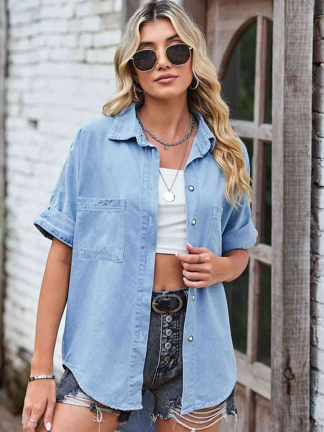 Collared Neck Denim Jacket with Pockets Bazaarbey