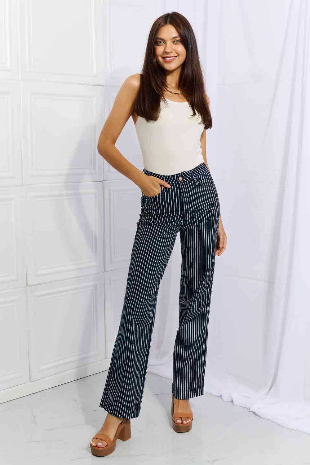    High Waisted Tummy Control Striped Straight Jeans Trendsi