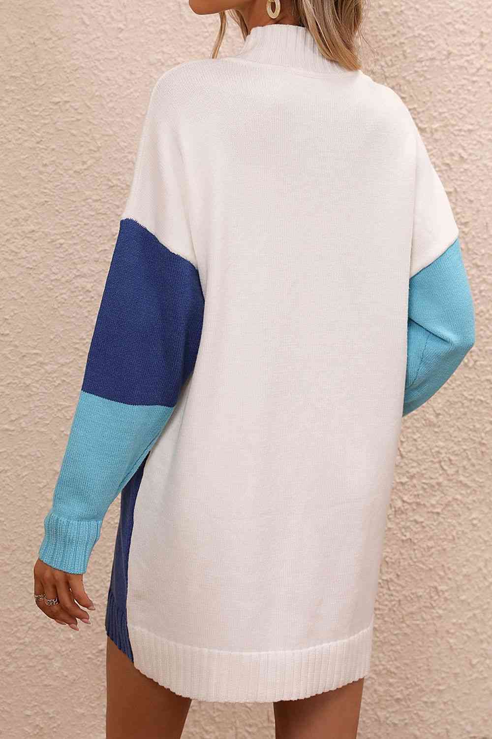 Color Block Mock Neck Dropped Shoulder Sweater Dress Bazaarbey