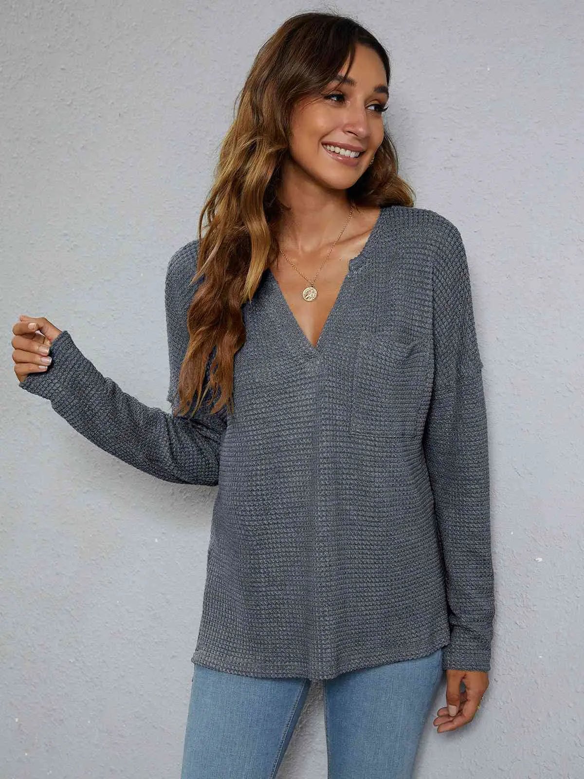 Dropped Shoulder High-Low Waffle-Knit Top Bazaarbey