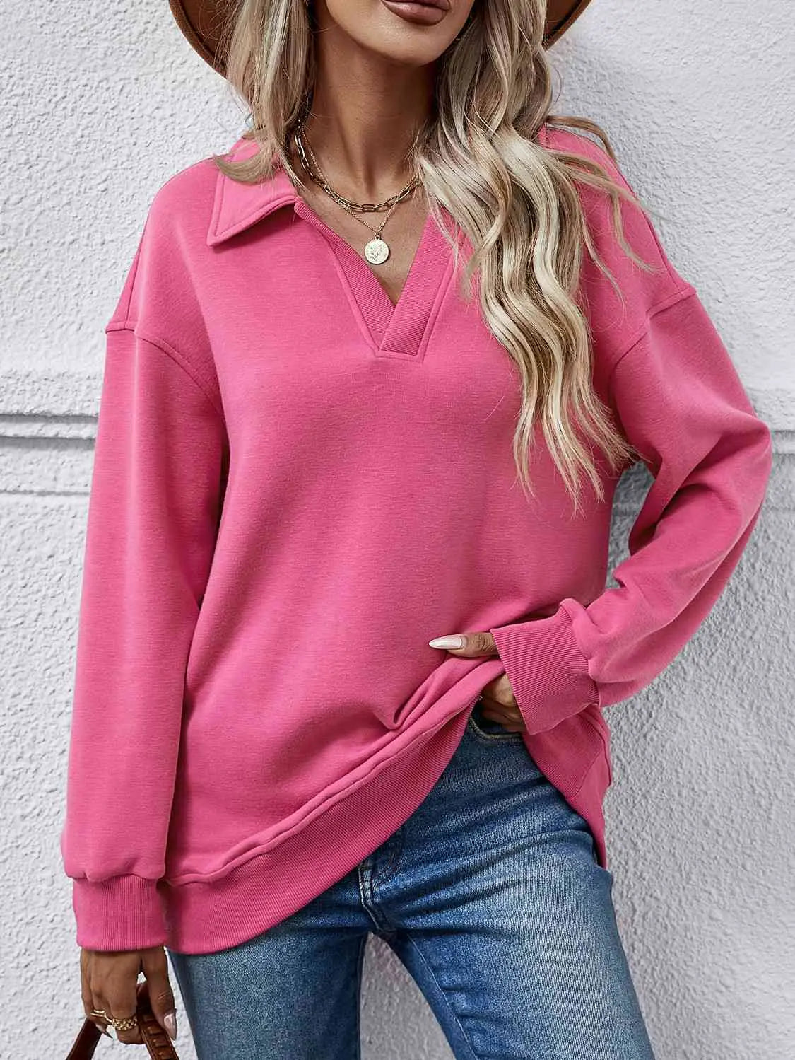 Collared Neck Dropped Shoulder Sweatshirt Bazaarbey